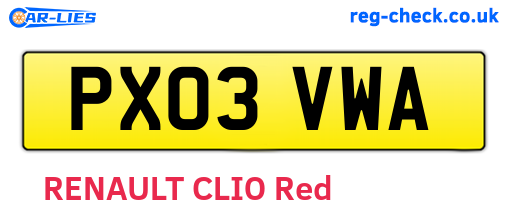 PX03VWA are the vehicle registration plates.