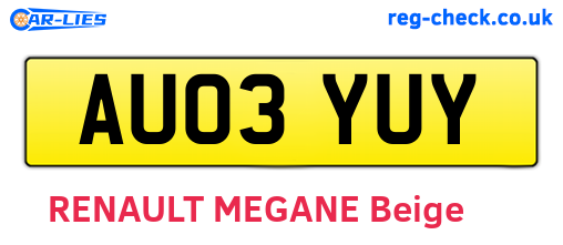 AU03YUY are the vehicle registration plates.