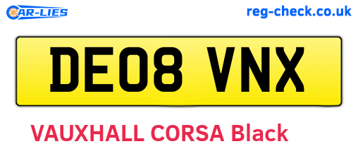 DE08VNX are the vehicle registration plates.