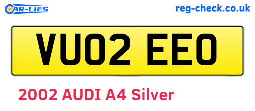 VU02EEO are the vehicle registration plates.