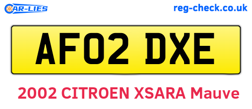 AF02DXE are the vehicle registration plates.