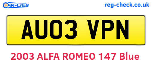 AU03VPN are the vehicle registration plates.