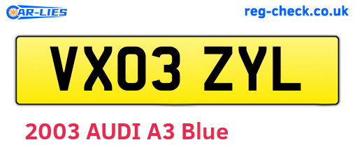 VX03ZYL are the vehicle registration plates.