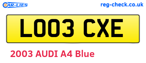 LO03CXE are the vehicle registration plates.