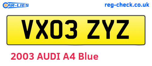 VX03ZYZ are the vehicle registration plates.