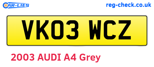 VK03WCZ are the vehicle registration plates.
