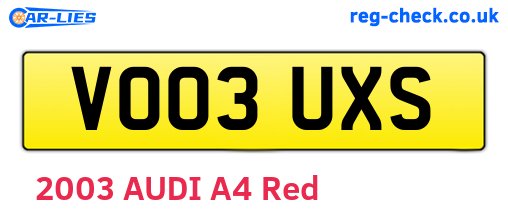 VO03UXS are the vehicle registration plates.