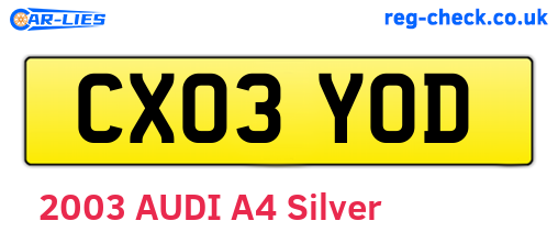 CX03YOD are the vehicle registration plates.