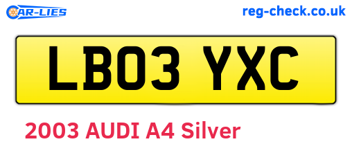 LB03YXC are the vehicle registration plates.