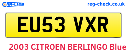 EU53VXR are the vehicle registration plates.