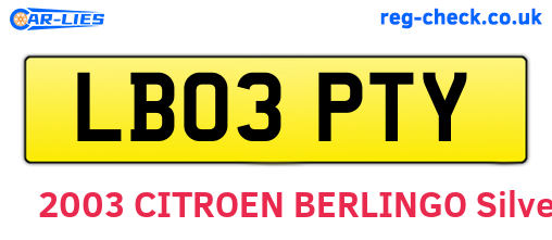 LB03PTY are the vehicle registration plates.