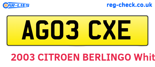AG03CXE are the vehicle registration plates.