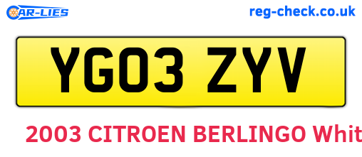 YG03ZYV are the vehicle registration plates.