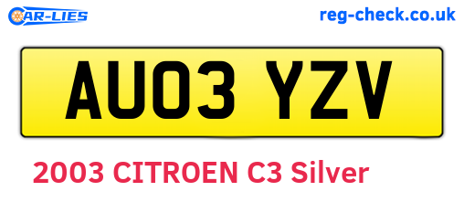 AU03YZV are the vehicle registration plates.