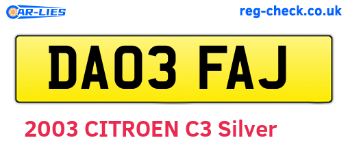 DA03FAJ are the vehicle registration plates.