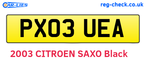 PX03UEA are the vehicle registration plates.