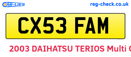 CX53FAM are the vehicle registration plates.