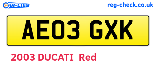 AE03GXK are the vehicle registration plates.