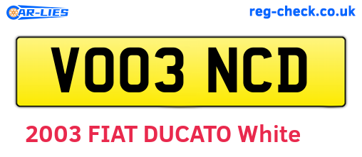 VO03NCD are the vehicle registration plates.