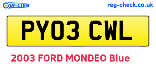 PY03CWL are the vehicle registration plates.