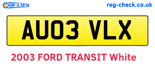 AU03VLX are the vehicle registration plates.