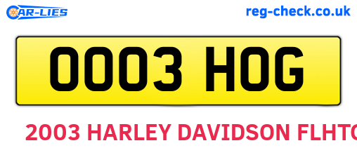 OO03HOG are the vehicle registration plates.