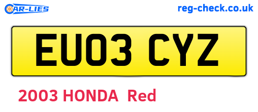 EU03CYZ are the vehicle registration plates.