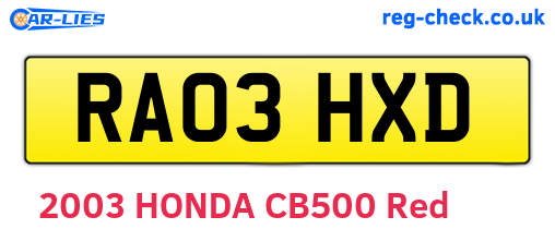 RA03HXD are the vehicle registration plates.