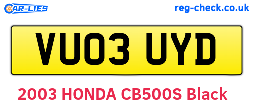 VU03UYD are the vehicle registration plates.