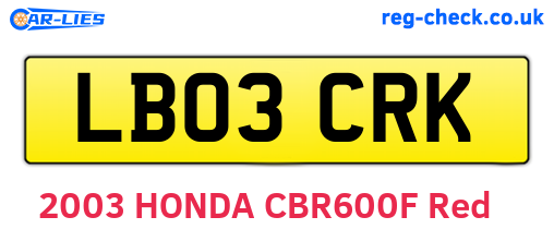 LB03CRK are the vehicle registration plates.