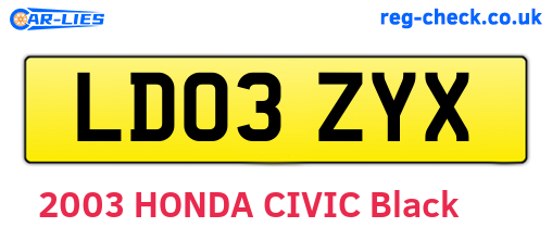 LD03ZYX are the vehicle registration plates.