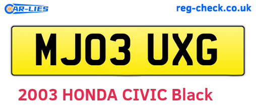 MJ03UXG are the vehicle registration plates.