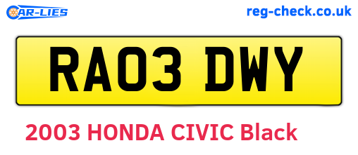 RA03DWY are the vehicle registration plates.