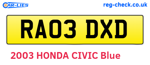 RA03DXD are the vehicle registration plates.