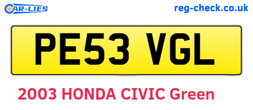 PE53VGL are the vehicle registration plates.