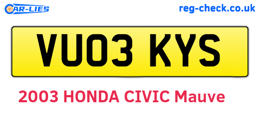 VU03KYS are the vehicle registration plates.