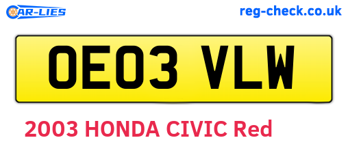 OE03VLW are the vehicle registration plates.