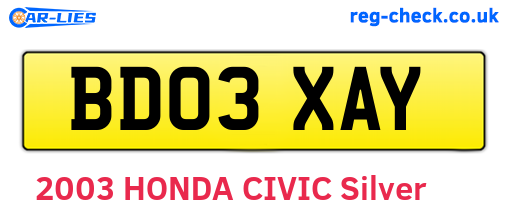 BD03XAY are the vehicle registration plates.