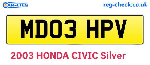 MD03HPV are the vehicle registration plates.