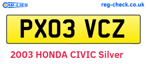 PX03VCZ are the vehicle registration plates.