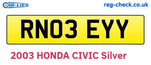 RN03EYY are the vehicle registration plates.