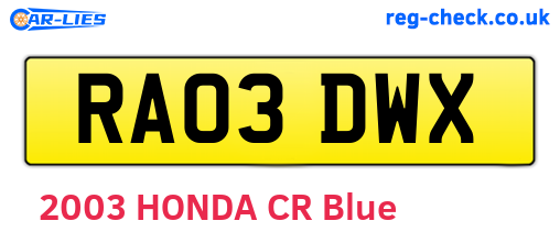 RA03DWX are the vehicle registration plates.