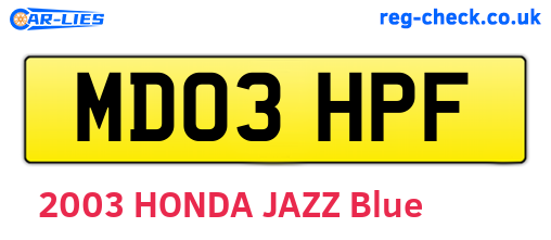 MD03HPF are the vehicle registration plates.