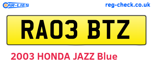 RA03BTZ are the vehicle registration plates.