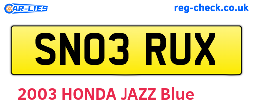 SN03RUX are the vehicle registration plates.
