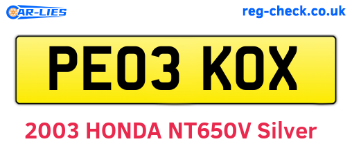 PE03KOX are the vehicle registration plates.