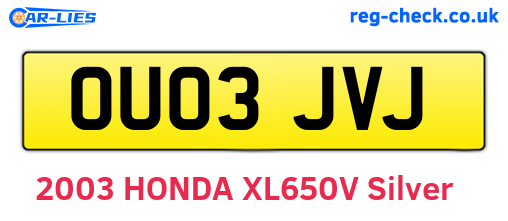 OU03JVJ are the vehicle registration plates.