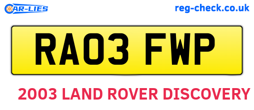 RA03FWP are the vehicle registration plates.