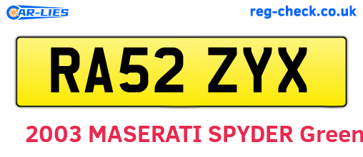 RA52ZYX are the vehicle registration plates.
