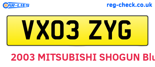 VX03ZYG are the vehicle registration plates.